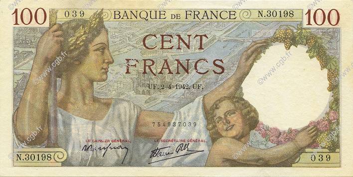 100 Francs SULLY FRANCE  1942 F.26.69 SUP+