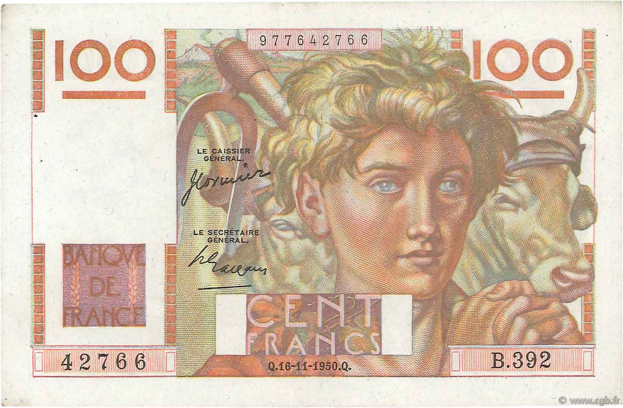 100 Francs JEUNE PAYSAN FRANKREICH  1950 F.28.28 VZ+