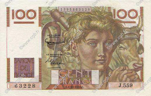 100 Francs JEUNE PAYSAN FRANCIA  1953 F.28.38 SC