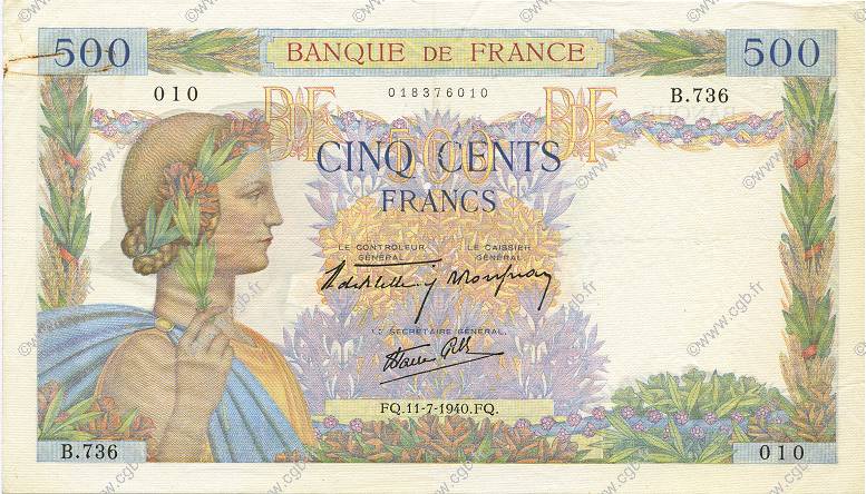 500 Francs LA PAIX FRANCE  1940 F.32.04 VF+