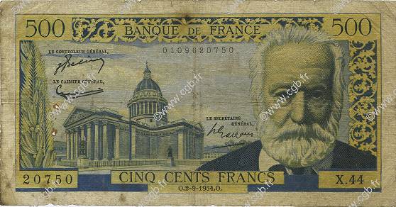 500 Francs VICTOR HUGO FRANKREICH  1954 F.35.03 SGE