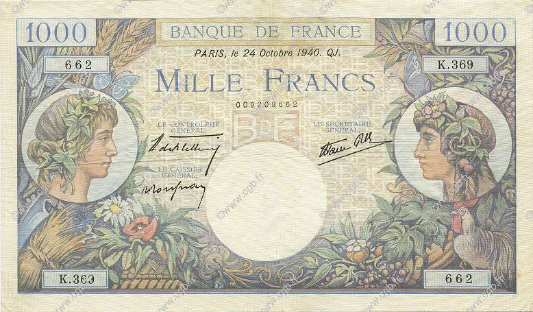 1000 Francs COMMERCE ET INDUSTRIE FRANCE  1940 F.39.01 VF - XF