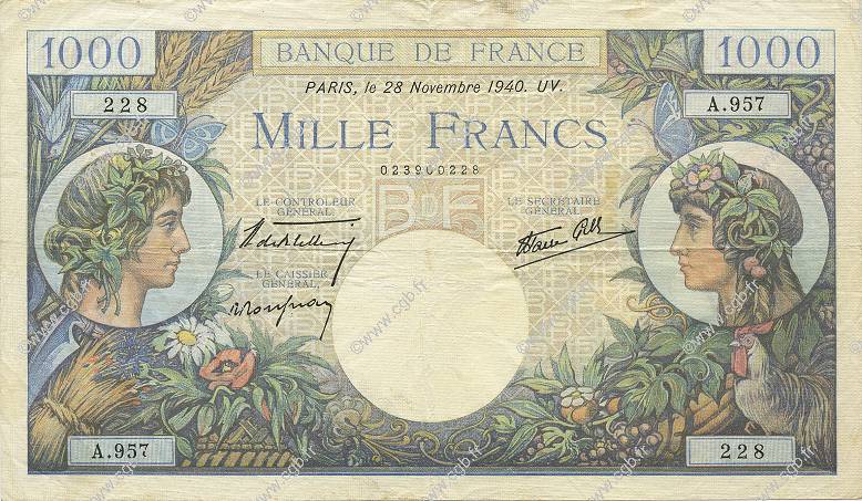 1000 Francs COMMERCE ET INDUSTRIE FRANCE  1940 F.39.02 TTB+