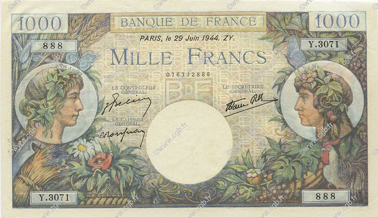 1000 Francs COMMERCE ET INDUSTRIE FRANCE  1944 F.39.09 XF