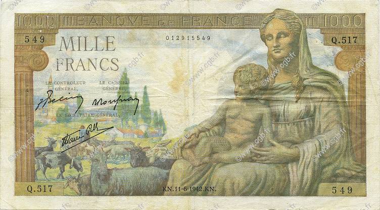 1000 Francs DÉESSE DÉMÉTER FRANCE  1942 F.40.02 TB+