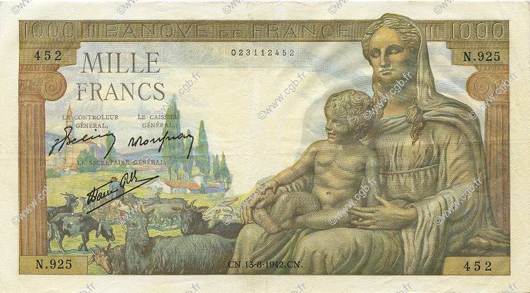 1000 Francs DÉESSE DÉMÉTER FRANCE  1942 F.40.04 VF+