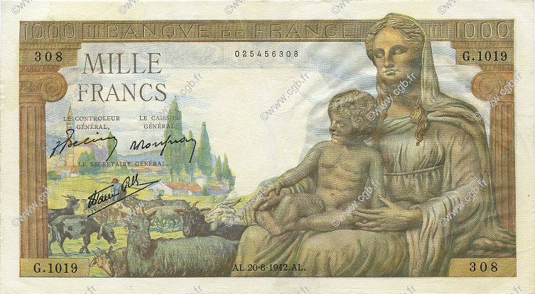 1000 Francs DÉESSE DÉMÉTER FRANCE  1942 F.40.05 VF+