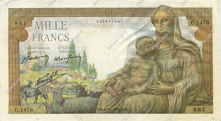 1000 Francs DÉESSE DÉMÉTER FRANCE  1942 F.40.08 VF+