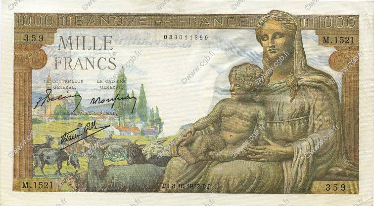 1000 Francs DÉESSE DÉMÉTER FRANKREICH  1942 F.40.08 fVZ