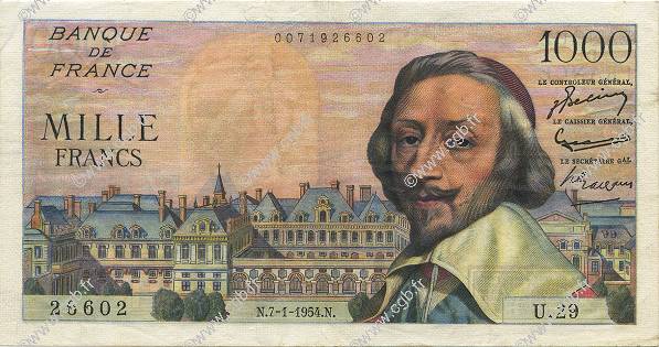 1000 Francs RICHELIEU FRANKREICH  1954 F.42.04 VZ+