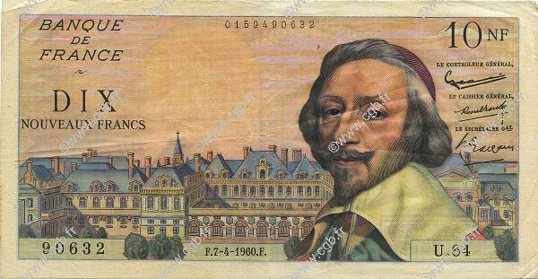 10 Nouveaux Francs RICHELIEU FRANKREICH  1960 F.57.06 fVZ