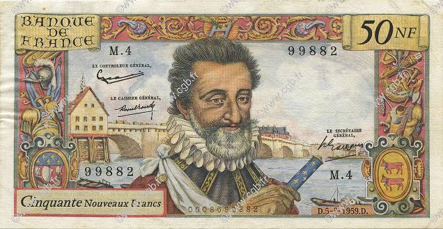 50 Nouveaux Francs HENRI IV FRANCIA  1959 F.58.01 MBC