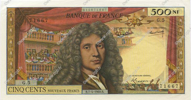 500 Nouveaux Francs MOLIÈRE FRANKREICH  1960 F.60.02 VZ+ to fST