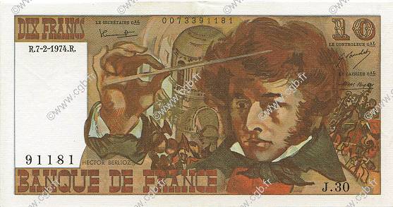 10 Francs BERLIOZ FRANCE  1974 F.63.03 AU-