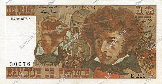 10 Francs BERLIOZ FRANKREICH  1975 F.63.12 fVZ