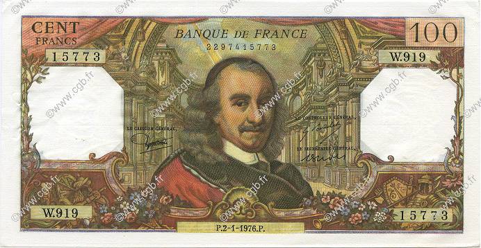 100 Francs CORNEILLE FRANKREICH  1976 F.65.51 fST