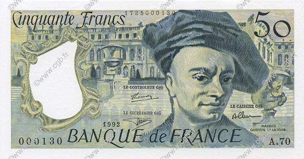 50 Francs QUENTIN DE LA TOUR Petit numéro FRANCIA  1992 F.67.18A70 q.FDC