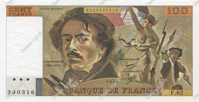 100 Francs DELACROIX modifié FRANCE  1982 F.69.06 UNC-