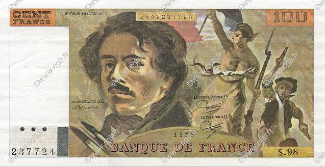 100 Francs DELACROIX modifié FRANCE  1985 F.69.09 AU+