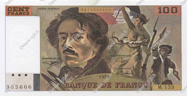 100 Francs DELACROIX imprimé en continu Fauté FRANCE  1990 F.69bis.02a UNC-