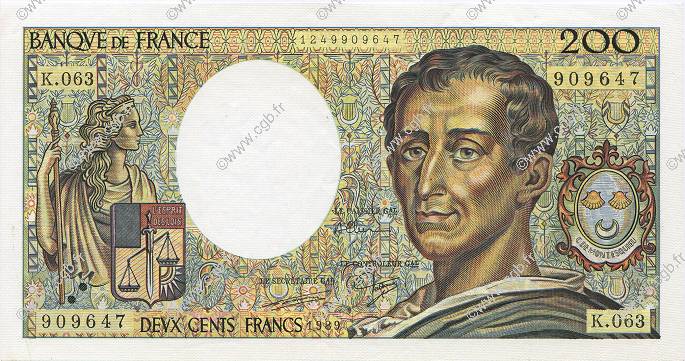 200 Francs MONTESQUIEU FRANCIA  1989 F.70.09 AU