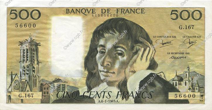 500 Francs PASCAL FRANCE  1983 F.71.28 UNC-