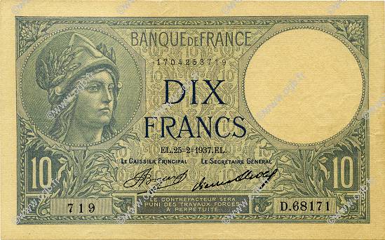 10 Francs MINERVE FRANCIA  1937 F.06.18 MBC+