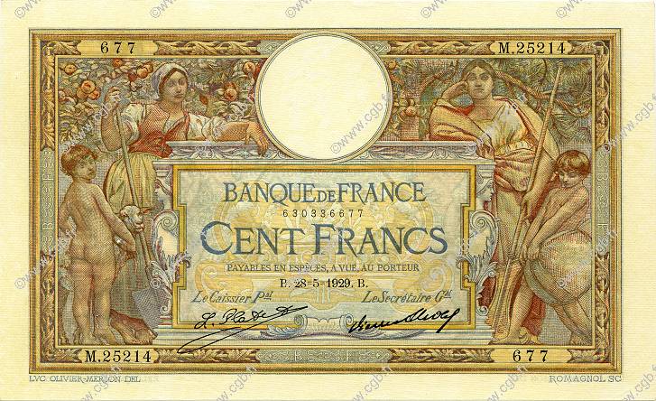 100 Francs LUC OLIVIER MERSON grands cartouches FRANCE  1929 F.24.08 XF - AU