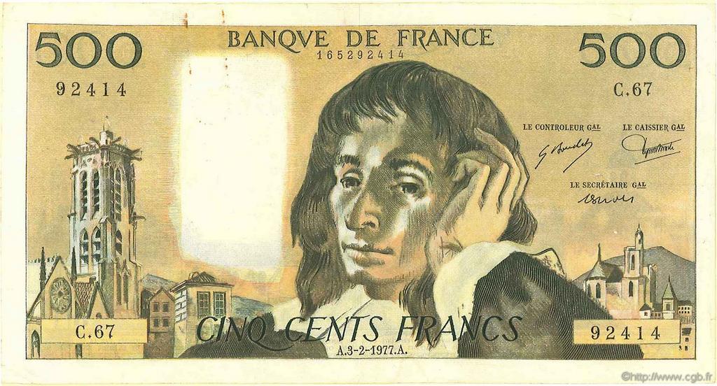 500 Francs PASCAL FRANCE  1968 F.71 F