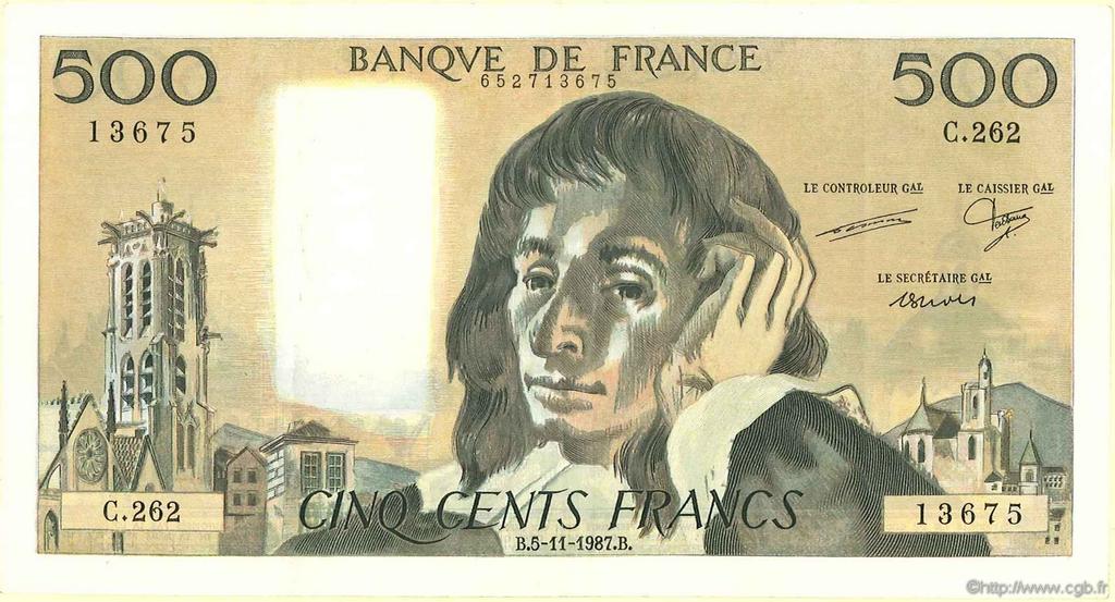 500 Francs PASCAL FRANCE  1968 F.71 VF+