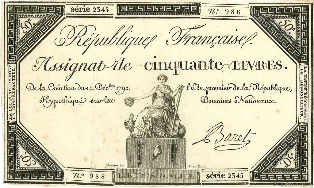 50 Livres FRANCE  1792 Ass.39a SPL