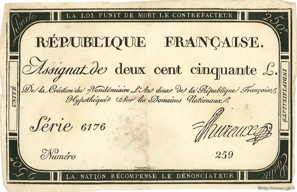 250 Livres FRANCE  1793 Ass.45a XF-