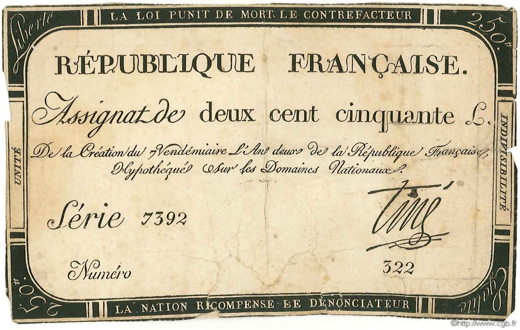 250 Livres FRANKREICH  1793 Ass.45a SS
