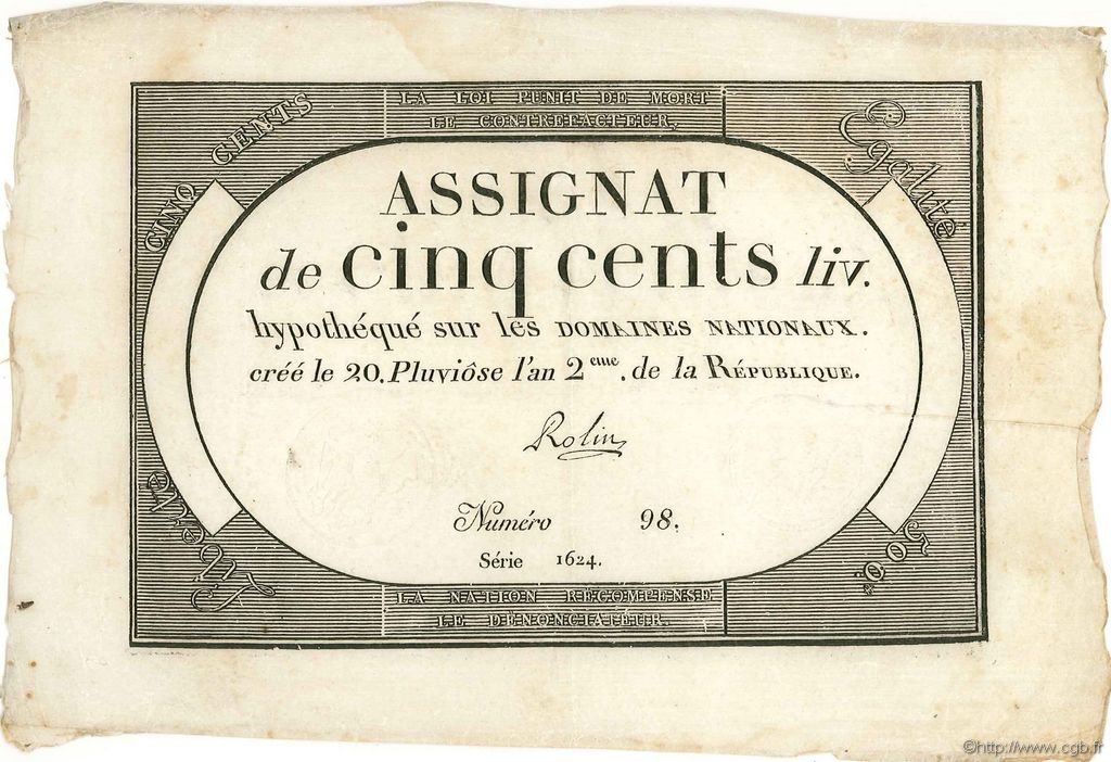 500 Livres FRANCIA  1794 Ass.47a MBC+