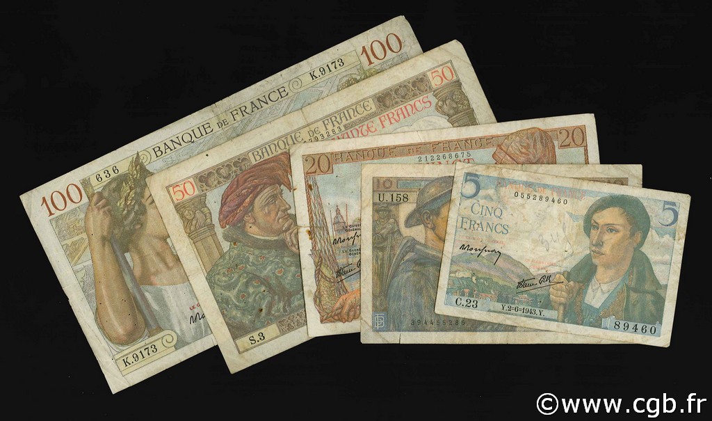 Lot 5 billets BdF : La France de 1940 FRANCIA  1939 F.05-08-13-19-26 RC a BC