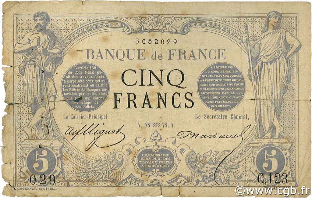 5 Francs NOIR FRANCE  1872 F.01.02 B