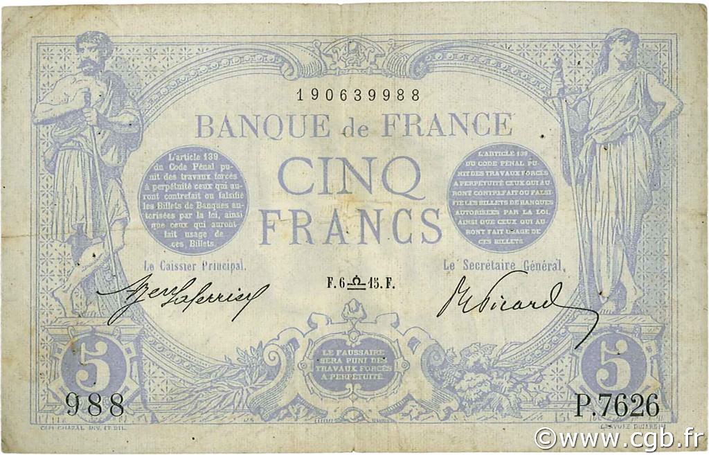 5 Francs BLEU FRANCE  1915 F.02.31 TB+