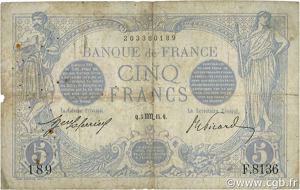 5 Francs BLEU FRANCE  1915 F.02.32 VG