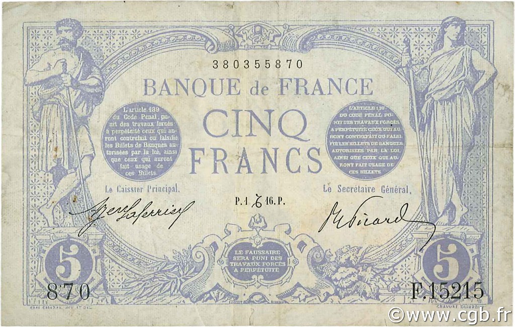 5 Francs BLEU FRANKREICH  1916 F.02.46 fSS