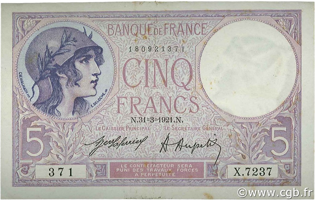 5 Francs FEMME CASQUÉE FRANCIA  1921 F.03.05 MBC+