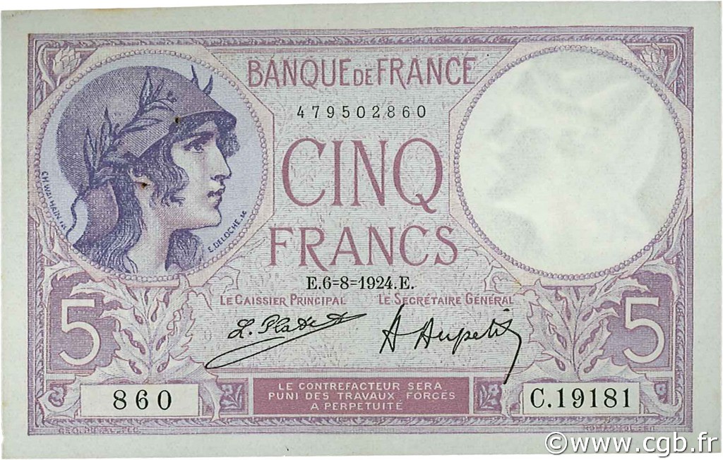 5 Francs FEMME CASQUÉE FRANCIA  1924 F.03.08 EBC