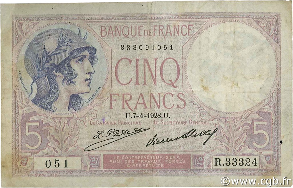 5 Francs FEMME CASQUÉE FRANCE  1928 F.03.12 F