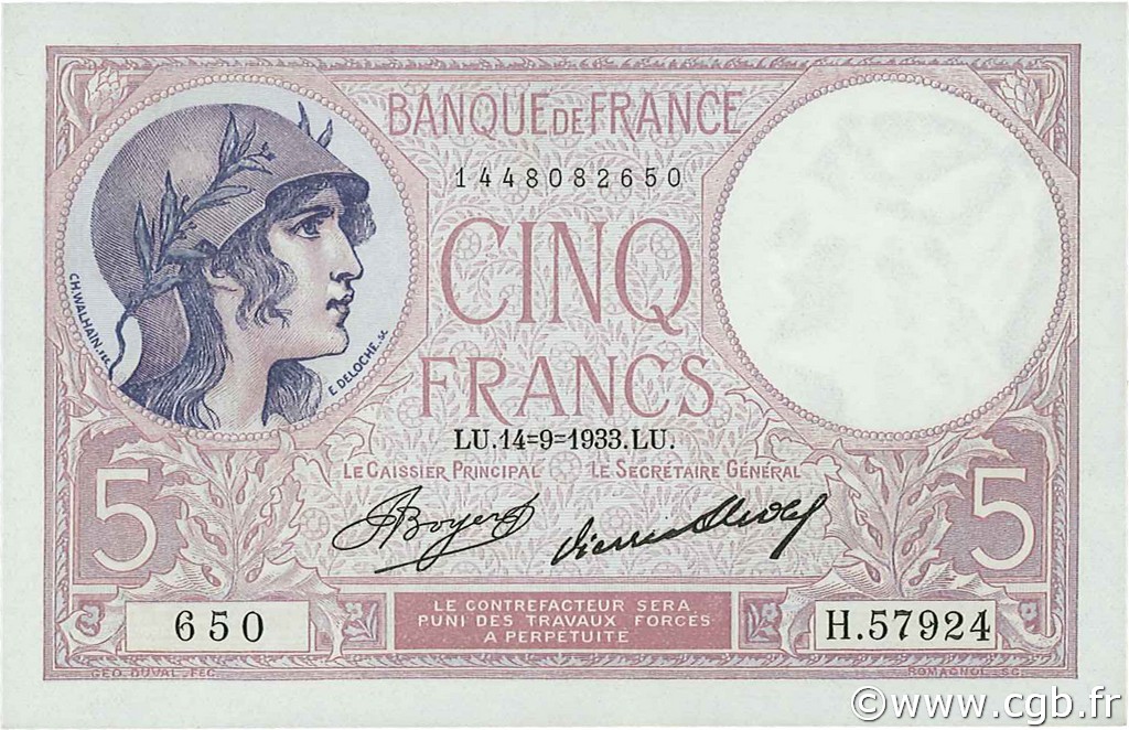 5 Francs FEMME CASQUÉE FRANCIA  1933 F.03.17 q.FDC