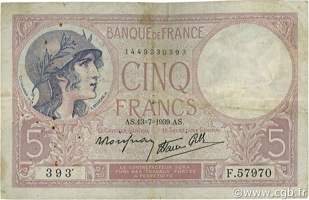 5 Francs FEMME CASQUÉE modifié FRANCE  1939 F.04.01 F