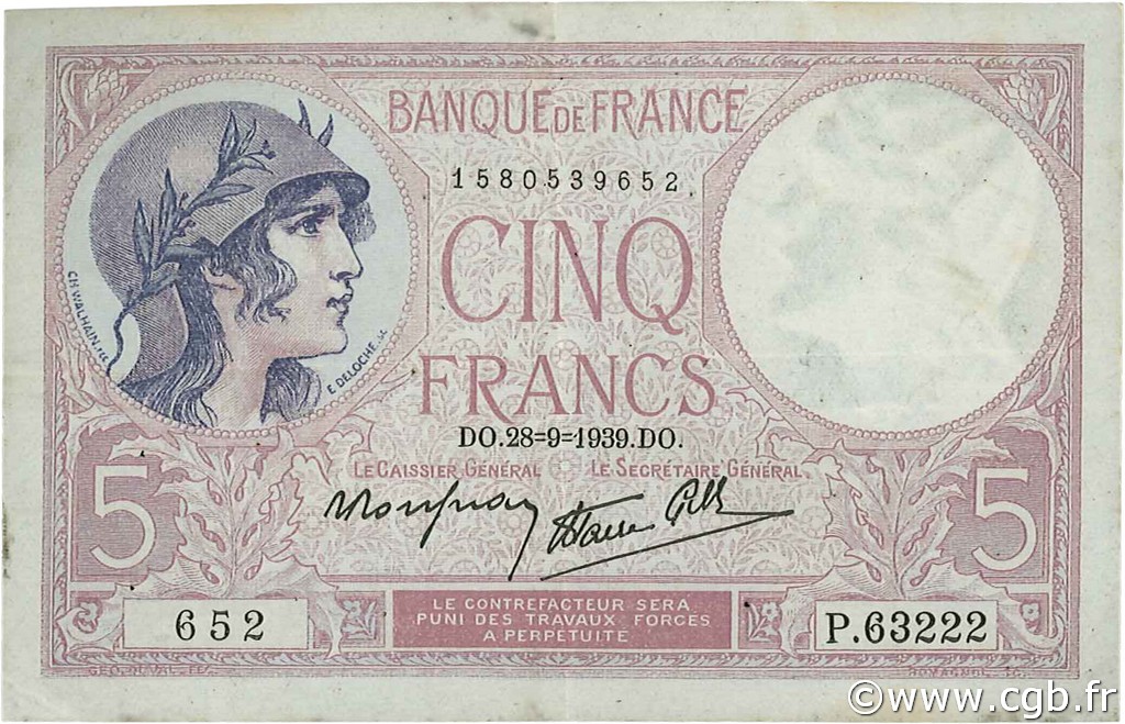 5 Francs FEMME CASQUÉE modifié FRANKREICH  1939 F.04.10 SS