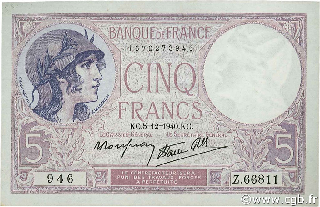 5 Francs FEMME CASQUÉE modifié FRANCIA  1940 F.04.16 SC+