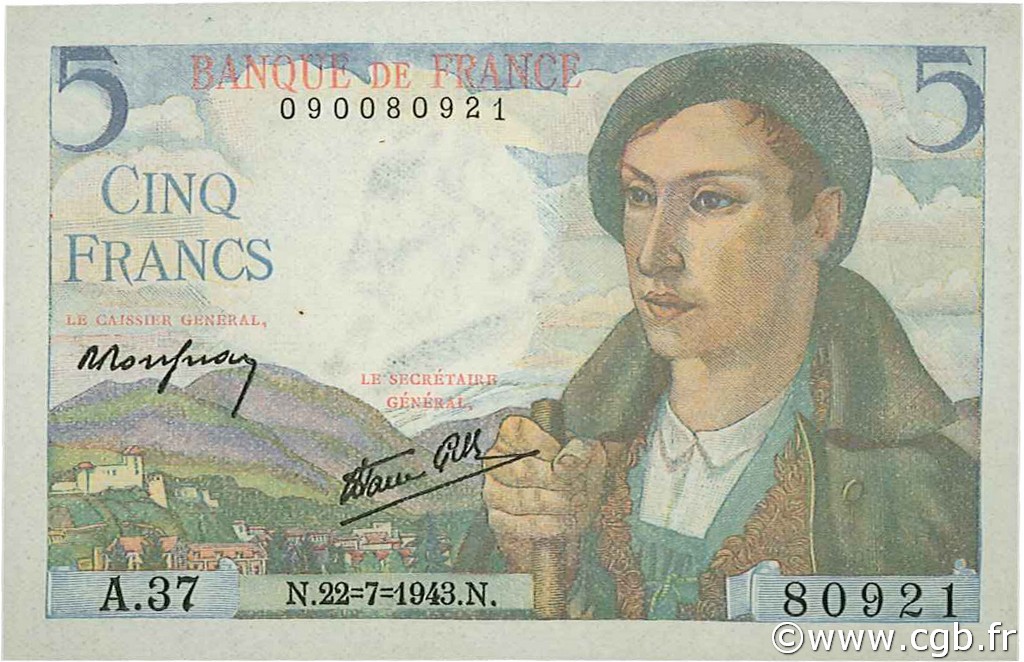 5 Francs BERGER FRANCE  1943 F.05.02 pr.NEUF