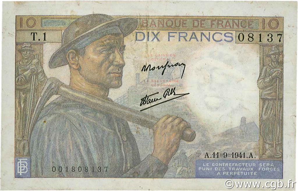 10 Francs MINEUR FRANKREICH  1941 F.08.01 fSS