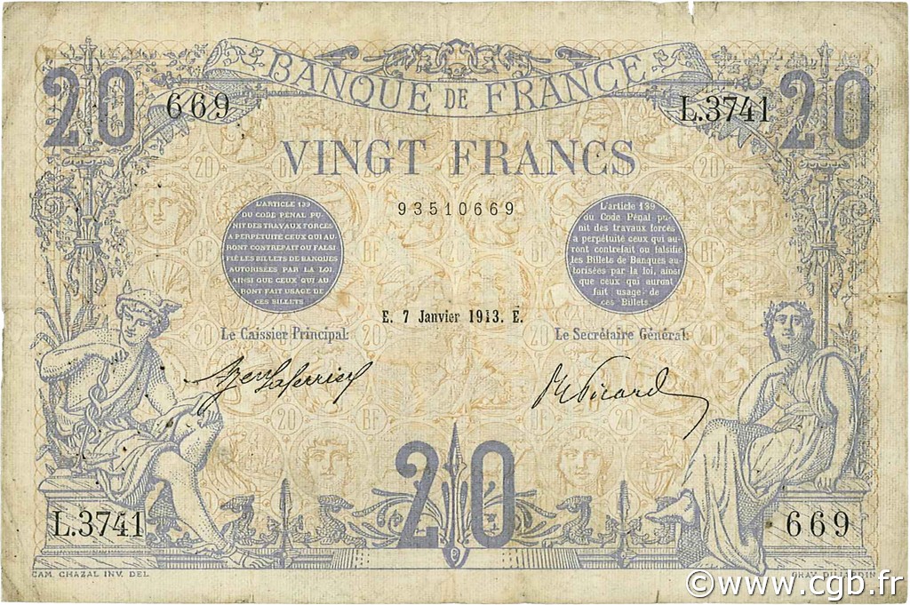 20 Francs BLEU FRANKREICH  1913 F.10.03 SGE to S