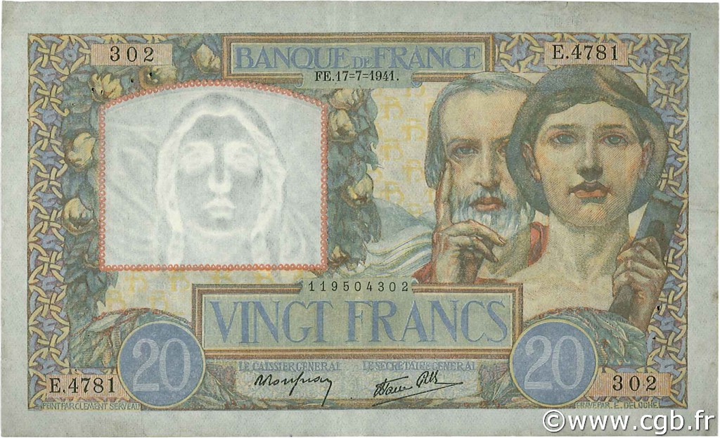 20 Francs TRAVAIL ET SCIENCE FRANKREICH  1941 F.12.16 fVZ